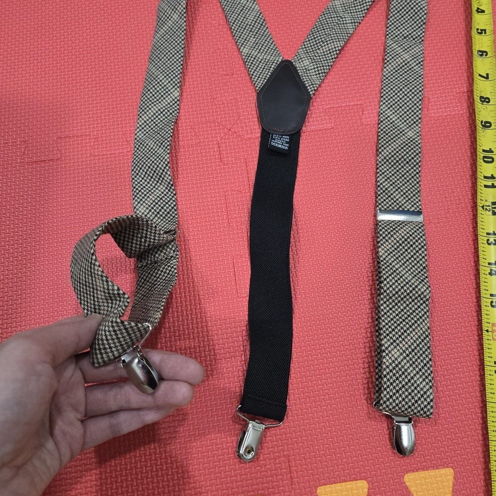 The Tie Bar Men's Suspenders Wool Blend Houndstooth Pattern Brown Beige Silver‎